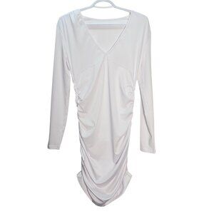 NWOT | White Long Sleeve V-Neck Ruched Drawstring Bodycon Mini Dress | Small